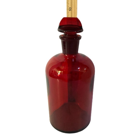 Vintage ROYAL RUBY RED GLASS PYREX BOTTLE with STOPPER Empty 10in tall - Picture 3 of 8